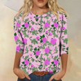 thumbnail image 2 of CYMMPU Tunic Tops 3/4 Sleeve Flower Printed Loose Fit Blouses for Women Dressy Casual Round Neck Spring Tops Fall Fashion Shirts Pleated Dressy T-Shirts Hot Pink XL, 2 of 4