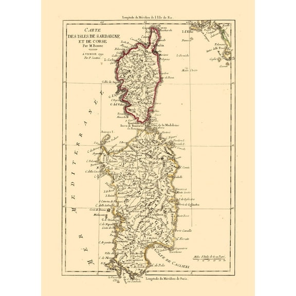 Historic Map - Sardinia Italy Corsica France - Santini 1794 - 23 x 31.85 - Vintage Wall Art