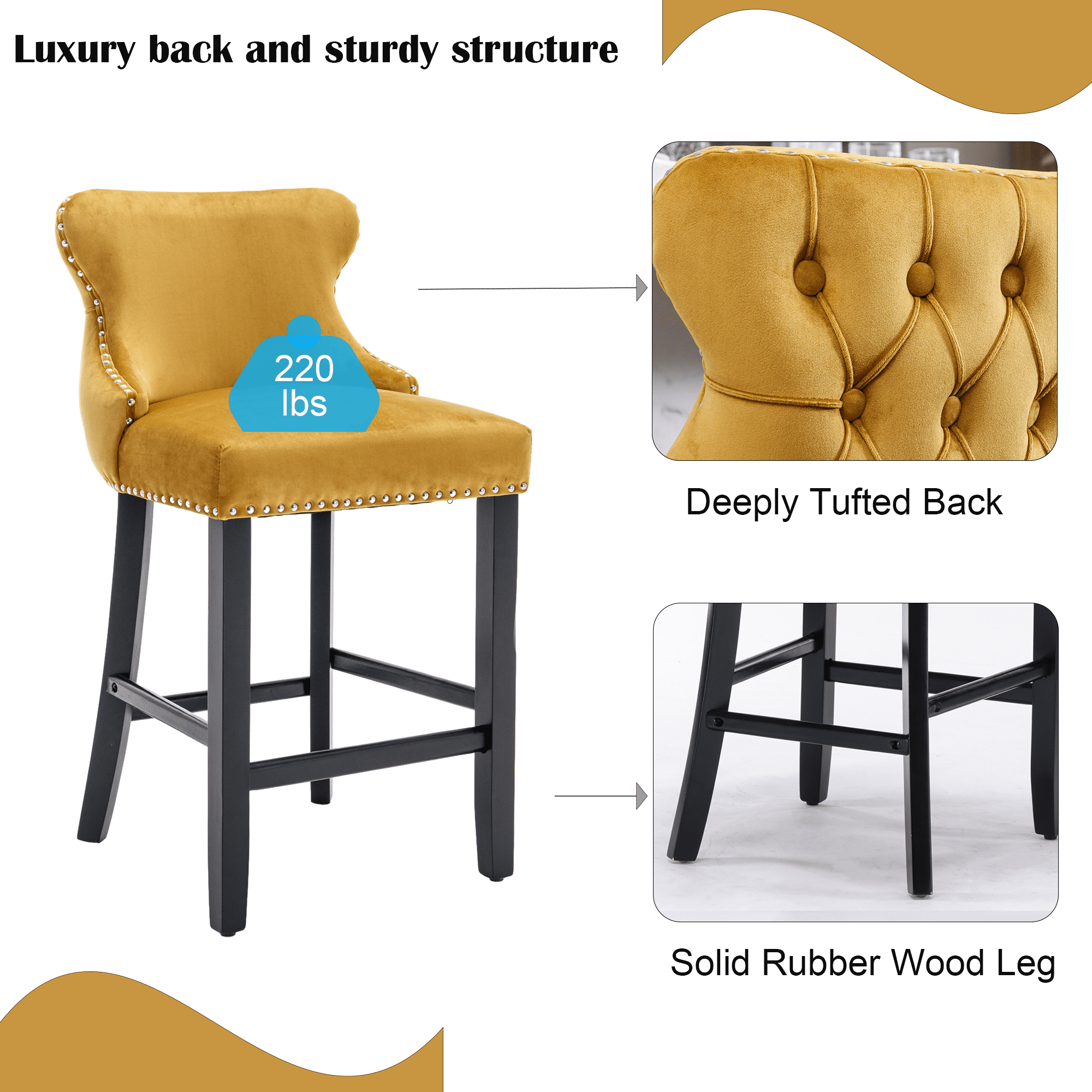 Velvet Counter Height Upholstered Barstools, Bar Stools Seat Height 27", Counter Height Armless Bar Chairs Button Tufted with Solid Wood Legs and Footrest for Kitchen Island Bar Area (Set of 6)