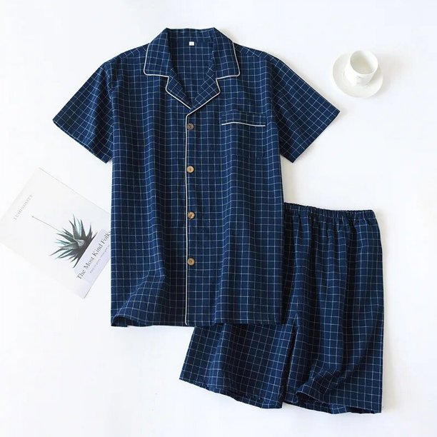 Pijamas de dos piezas para hombre, pantalones cortos de manga corta a cuadros, gasa de algodón 100%, conjunto de ropa de dormir simple para el hogar, novedad de verano