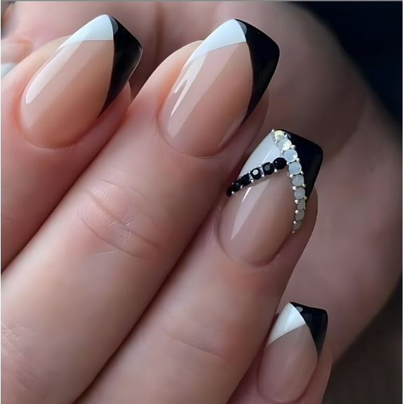 YTTAL French Tip Press on Nails Designs Short Square Fake Gloss False Spring Nails French Acrylic Nails Reusable Artificial Nails for Women 24PC