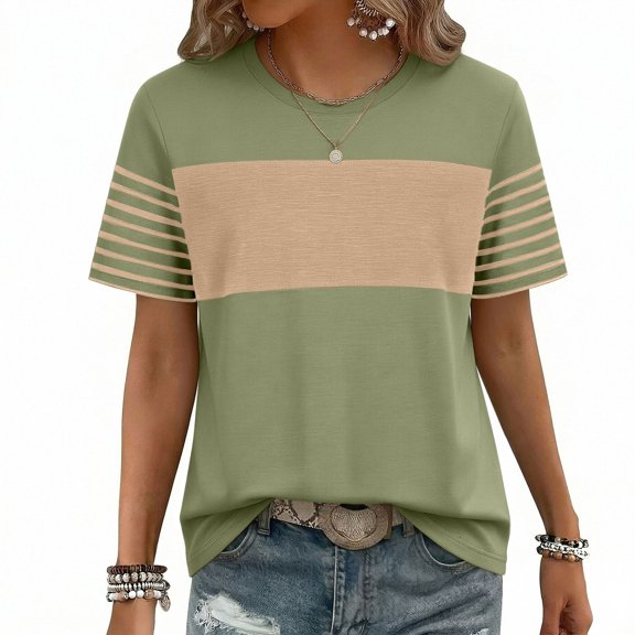 ClodeEU Women's Color Block Crew Neck Short Sleeve T-Shirt,Casual Loose Fit Tee Army Green,Women's Plus L