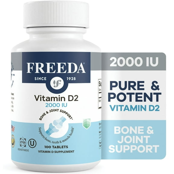 Freeda Vitamin D2 2000 IU Supplement | Bone, Immune & Calcium Support | Vegan, Gluten Free | 100 Tablets
