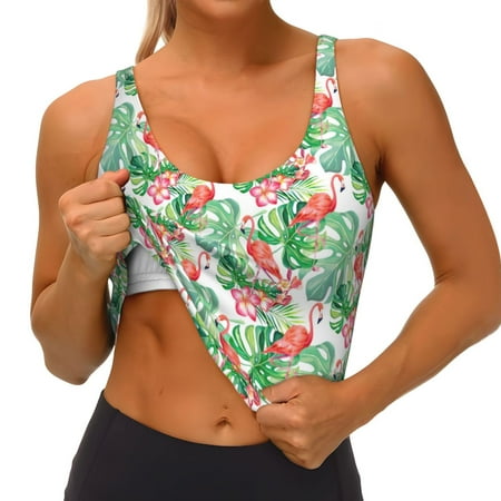 Qokaie Flamingo And Monstera Pattern Womens Scoop Neck Sports Bra Breathable Workout Vest Padded U Back Medium Impact Fitness Gym Yoga Bra Workout Crop Top