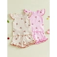 thumbnail image 3 of BemeyourBBs Little Toddler Baby Girls Summer Clothes 2 Piece Cherry Outfits Cherry Print Flying Sleeve Round Neck Shirt Tops and Ruffle Shorts Set, 3 of 9