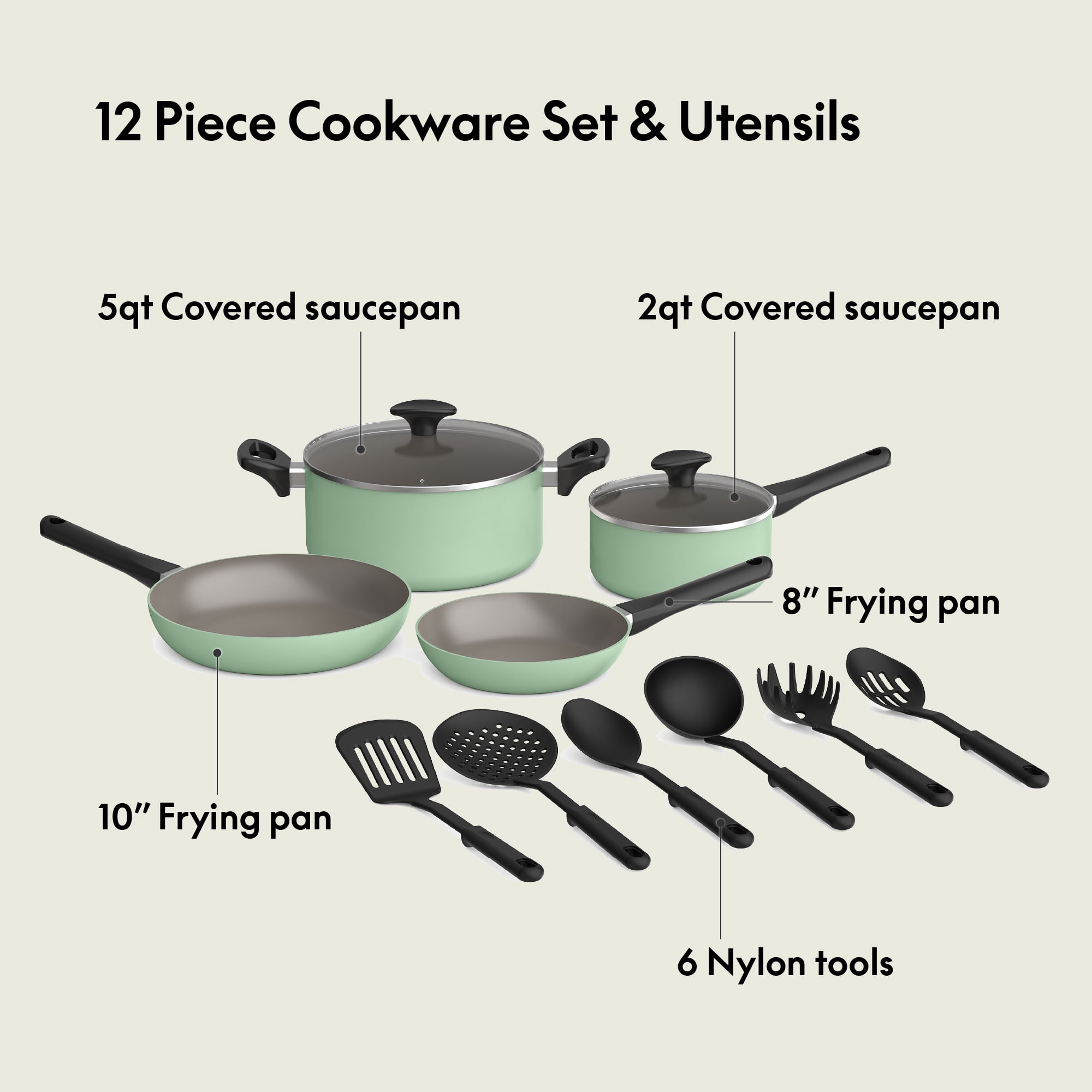 Bella 12 Piece Ceramic Nonstick Cookware Set, Seaglass
