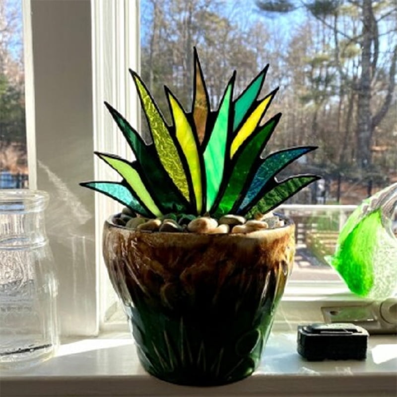 Suncatcher Stained Agave Plant Flower Pot Ornament Home Handmade Craft