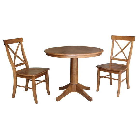 3-piece Solid Wood Dining Set with 36'' Round Pedestal Table and 2 Cross Back Chairs in Distressed Oak by International Concepts