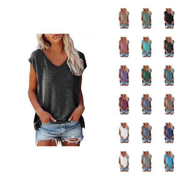 Womens T Shirts Summer Tops 2025 Solid Color Cap Sleeve V-Neck Casual Loose Basic Tees Tshirts Shirts for Women