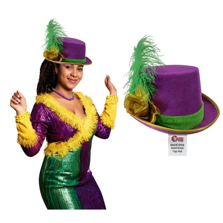 Nicky Bigs Novelties Mardi Gras Top Hat With Feather Costume Accessories - Purple Mardi Gras Hats - Dress up Headwear for Women Men - Party Supplies