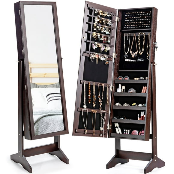 Costway Jewelry Cabinet Stand Mirror Armoire Lockable Organizer Large Storage Box Brown