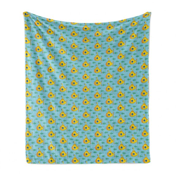 Yellow Submarine Soft Flannel Fleece Blanket, Aqua Pattern with Little Fish Fun Nautical Porthole Periscope Ocean Theme, Cozy Plush for Indoor and Outdoor Use, 70" x 90", Aqua Yellow, by Ambesonne