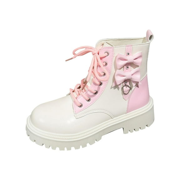 Xfvqtps Womens Chunky Heel Ankle Boots with Bow Detail Colorblock Flatform Lace up Winter Fashion Boots Cute Round Toe Casual Boots White
