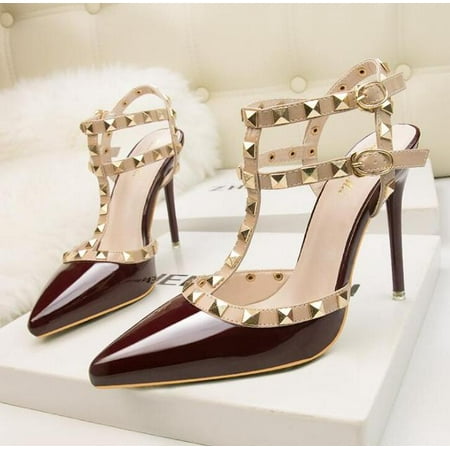 

Women s shoes Roman fashion rivet sandals 10CM PUMPS Sexy nightclub stiletto heels patent-leather metallic rivet hollow