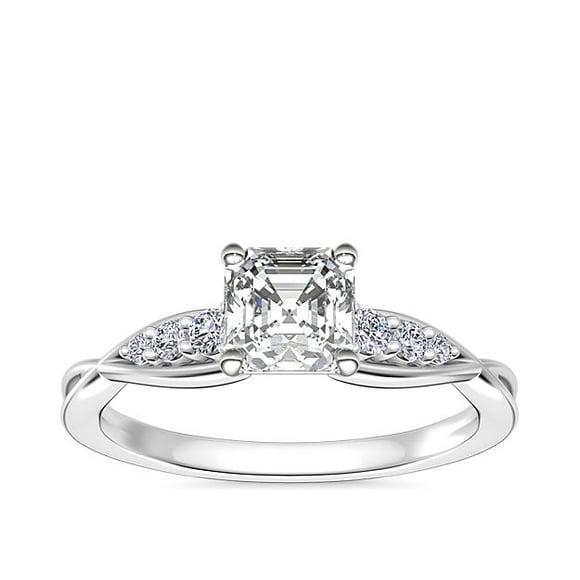 0.65 Carat Brilliant Asscher Cut Natural Diamond Solitaire with Accents Beautiful Ring for Engagement Solid 18K White Gold Size 9
