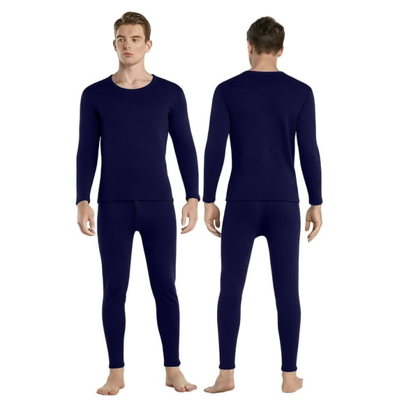 Dresfit Long Johns for Men Set Cold Weather Fleece Lined Long Sleeve Loungewear 2 Pack Crew Neck Lightweight Atheletic Cotton Base Layer Solid Thickened Navy M