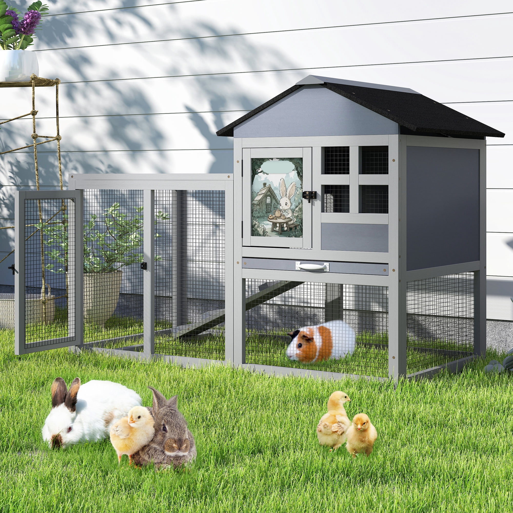 2-Tier Wood Rabbit Hutch Indoor Outdoor Small Animal House with Removable Tray, Ramp, Openable Roof, Bunny Cage for Ducks, Squirrels