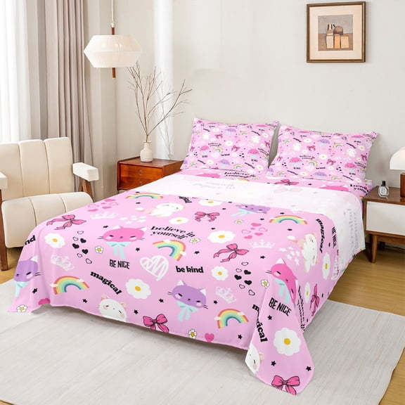 jejeloiu Pink Coquette Bow Full Size Sheets Kids,Cute Cartoon Cat Bed Sheets For Girls,4pcs