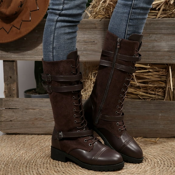 Wowcloth Women's Mid-Calf Boots – Three Buckle Side Zipper with Chunky High Heel, Fashion Casual & Versatile New Style for Everyday Outfits