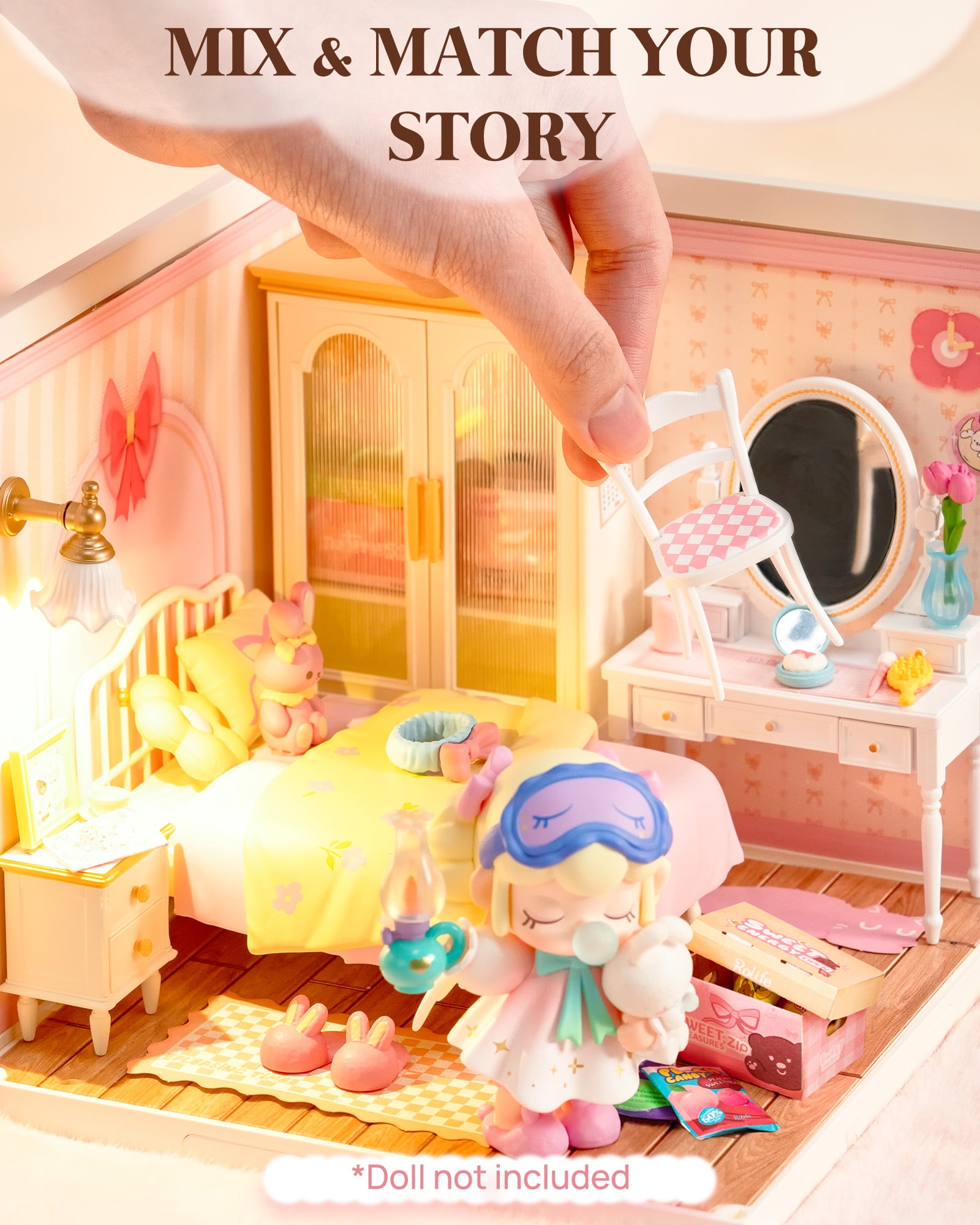 ROBOTIME Super Creator DIY Miniature House Kit,Tiny Home Craft Kits with LED,Mini Dollhouse Building Set,Gifts for Teens Adults(Lovely Pink Bedroom)