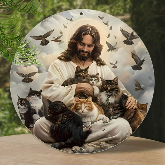 Jesus with Cats & Doves - Vintage Aluminum Wall Art, 7.8x7.8 Inch Round Metal Sign for Home, Bar, Cafe Decor