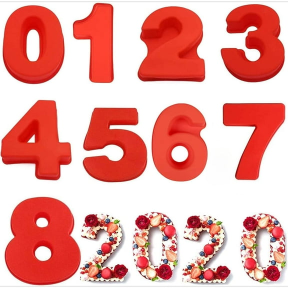 9 Pieces 10 Inch Large Size Number Moulds Baking Forms Silicone Number Mold Cake Pan (Red) Bakeware Birthday Set Thick