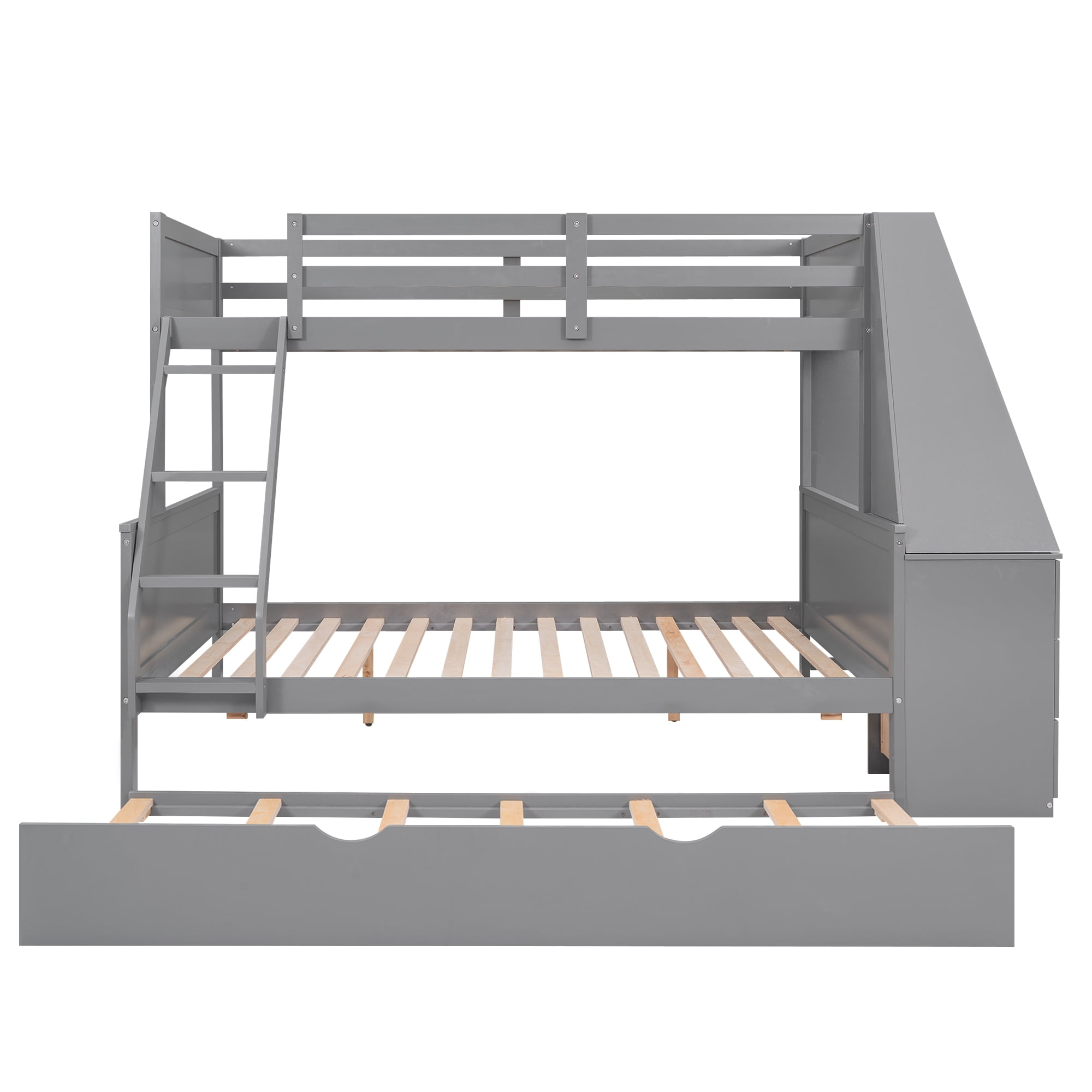 EUROCO Wood Twin over Full Bunk Bed with Twin Trundle, Built-in Desk with Shelf and 3 Drawers for Kids Teens Adults, 3-in-1 Beds, Gray