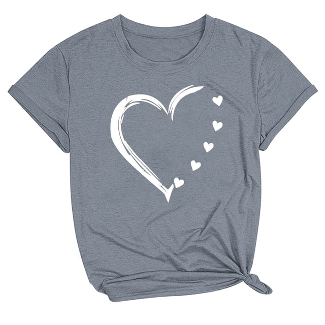 Bowake T-Shirt de la Saint-Valentin pour Femmes T-Shirt Mignon Imprimé Cœur Manches Courtes Col Rond Graphique Gris