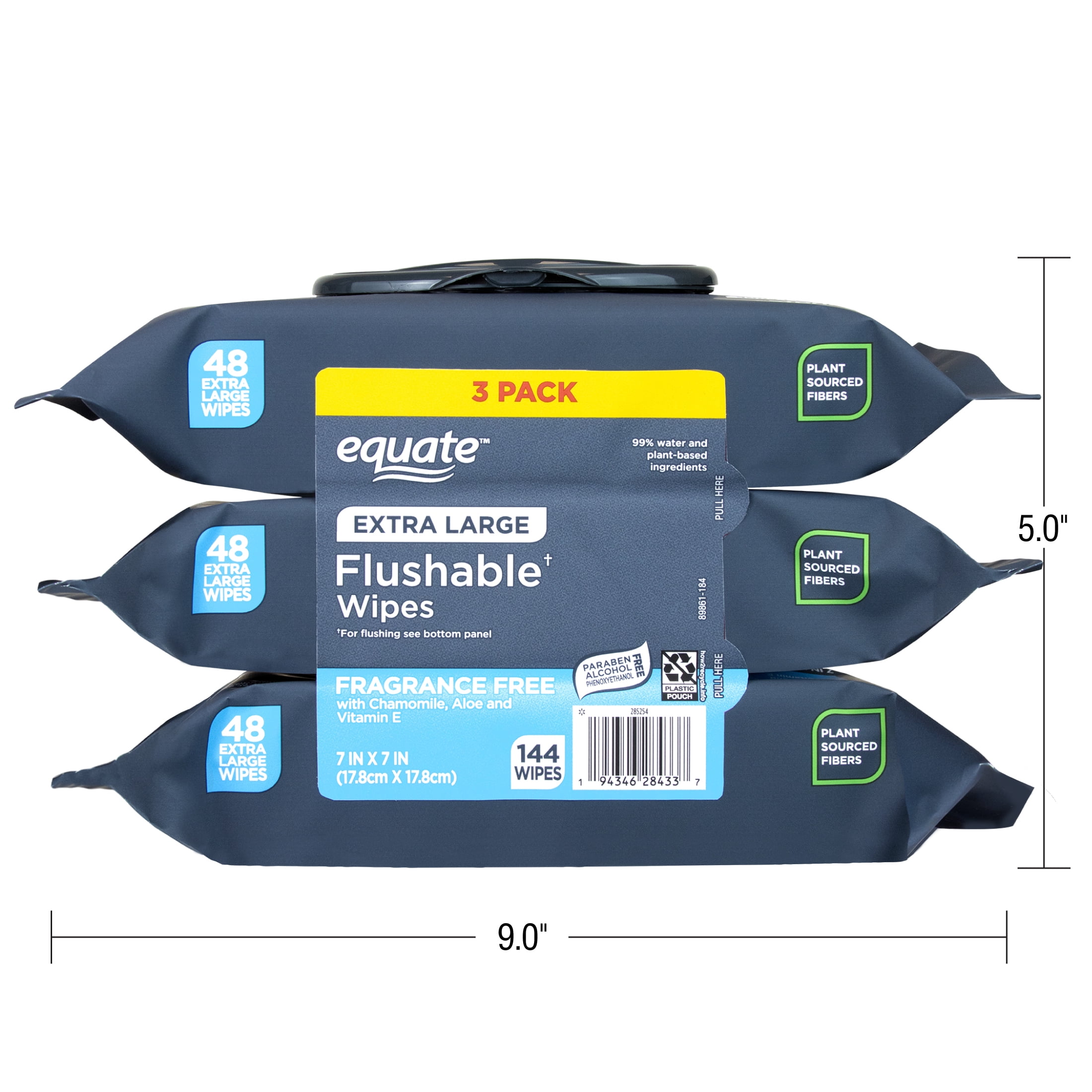Equate Extra Large Flushable Wet Wipes, Fragrance Free, 144 Wipes, 3 Pack