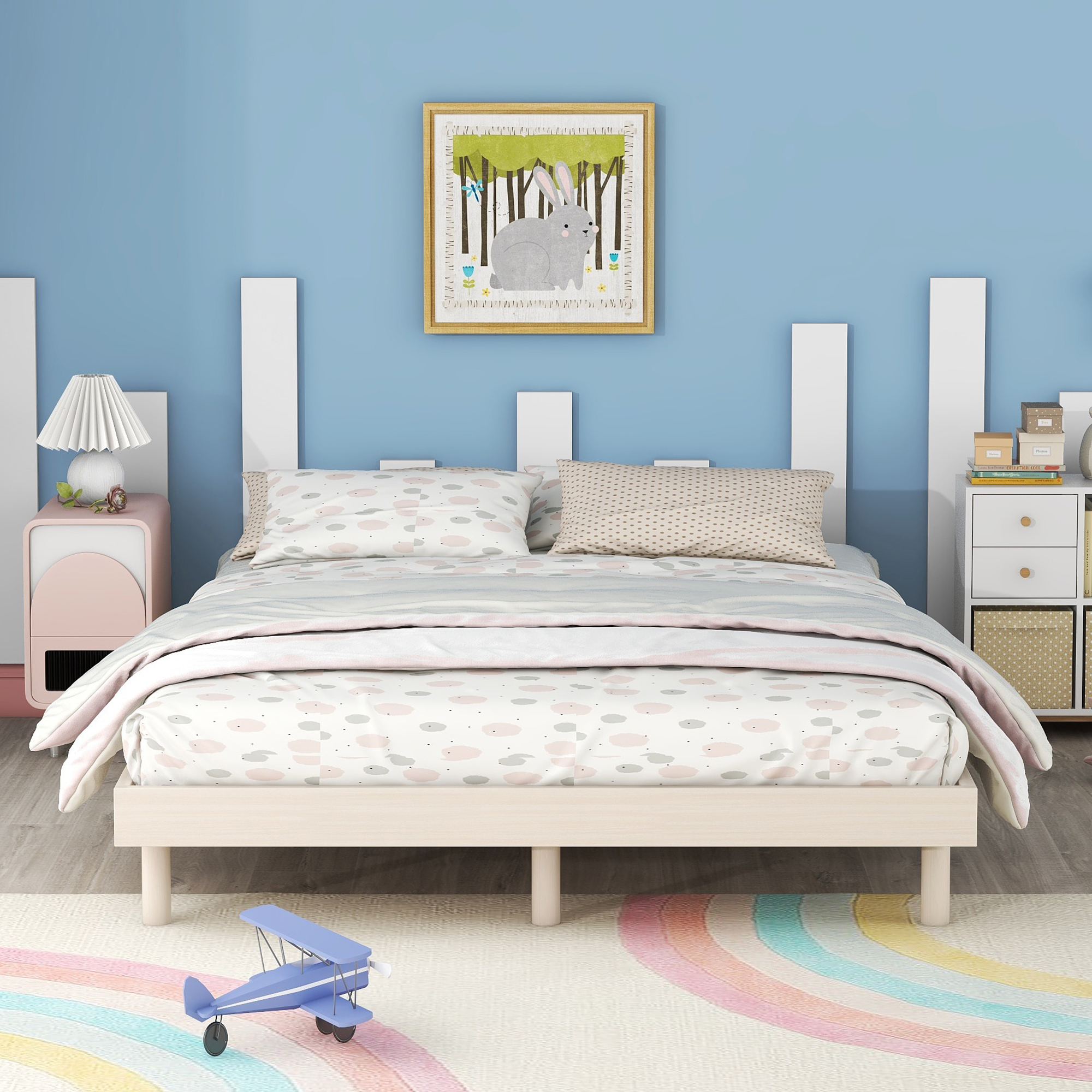 Miniyam Full Platform Bed , Low Profile Wooden Bed with Slats, No Box Spring Needed, Modern Design for Teen, White