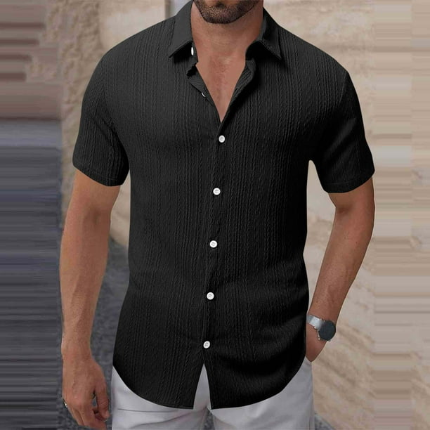 Blusa y camisa de manga corta con cuello vuelto para hombre, color liso, informal, holgada, con botones, de poliéster