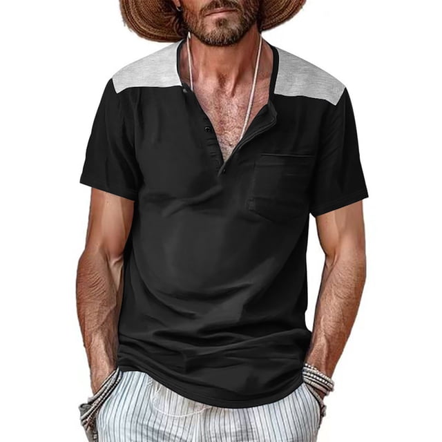 pstuiky camisetas de manga corta para hombre, Camisa de manga corta con cuello alto y botones de patchwork para hombre camisas casuales para hombre xxl