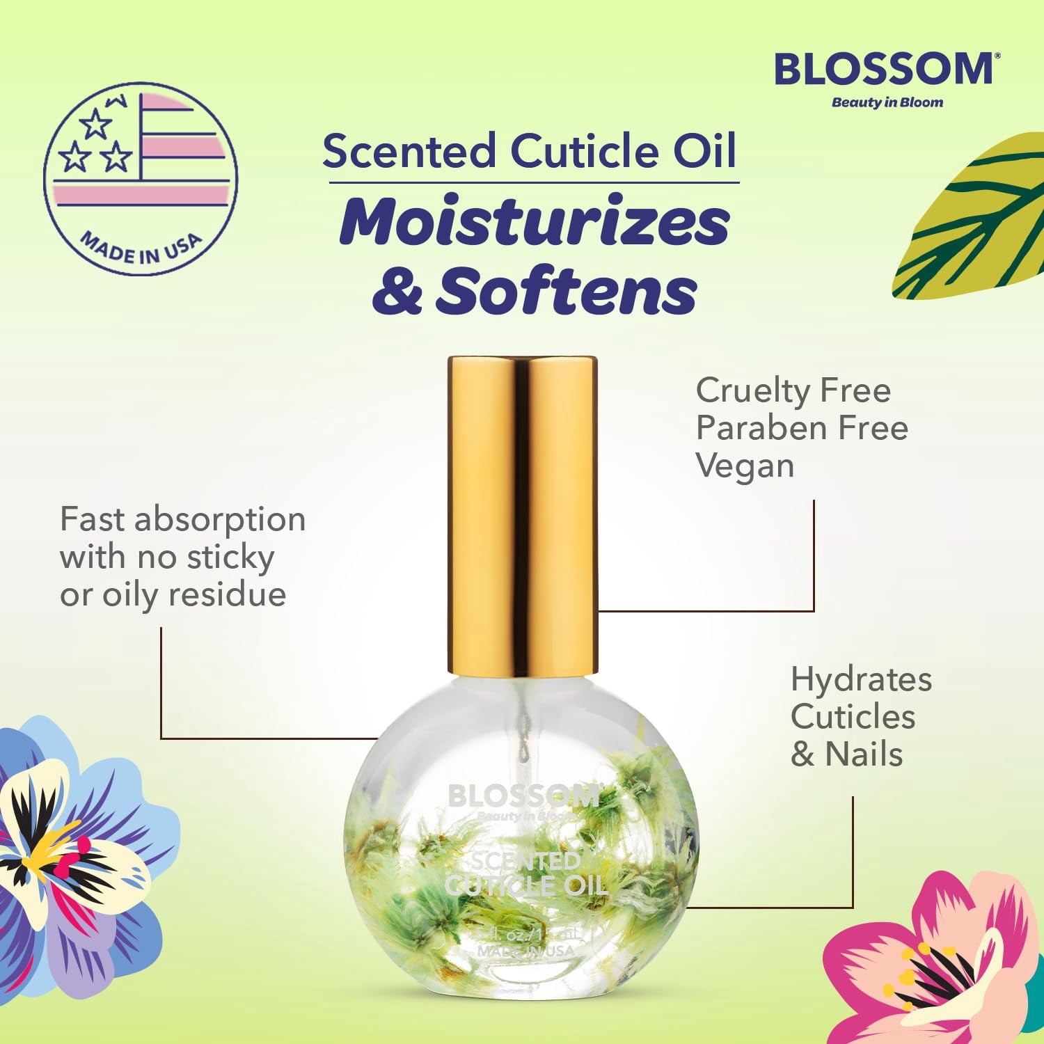 Blossom Matcha Tea Scented Cuticle Oil, Hydrating, Moisturizing, Strengthening, Infused with Real Flowers, 0.5 fl. oz.