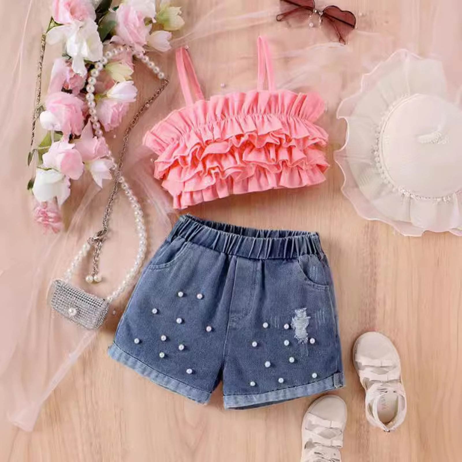 HCNTES Toddler Baby Girl Girl Summer Outfits Summer Paisley Print Short Sleeve T - Shirt and Ruffled Hem Shorts Unisex 2Pcs Set,7-8 Years Pink