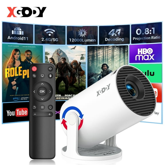XGODY Gimbal 3 NEW Smart Mini Portable Projector with Bluetooth & WiFi,Support 1080P,White, 1 Count