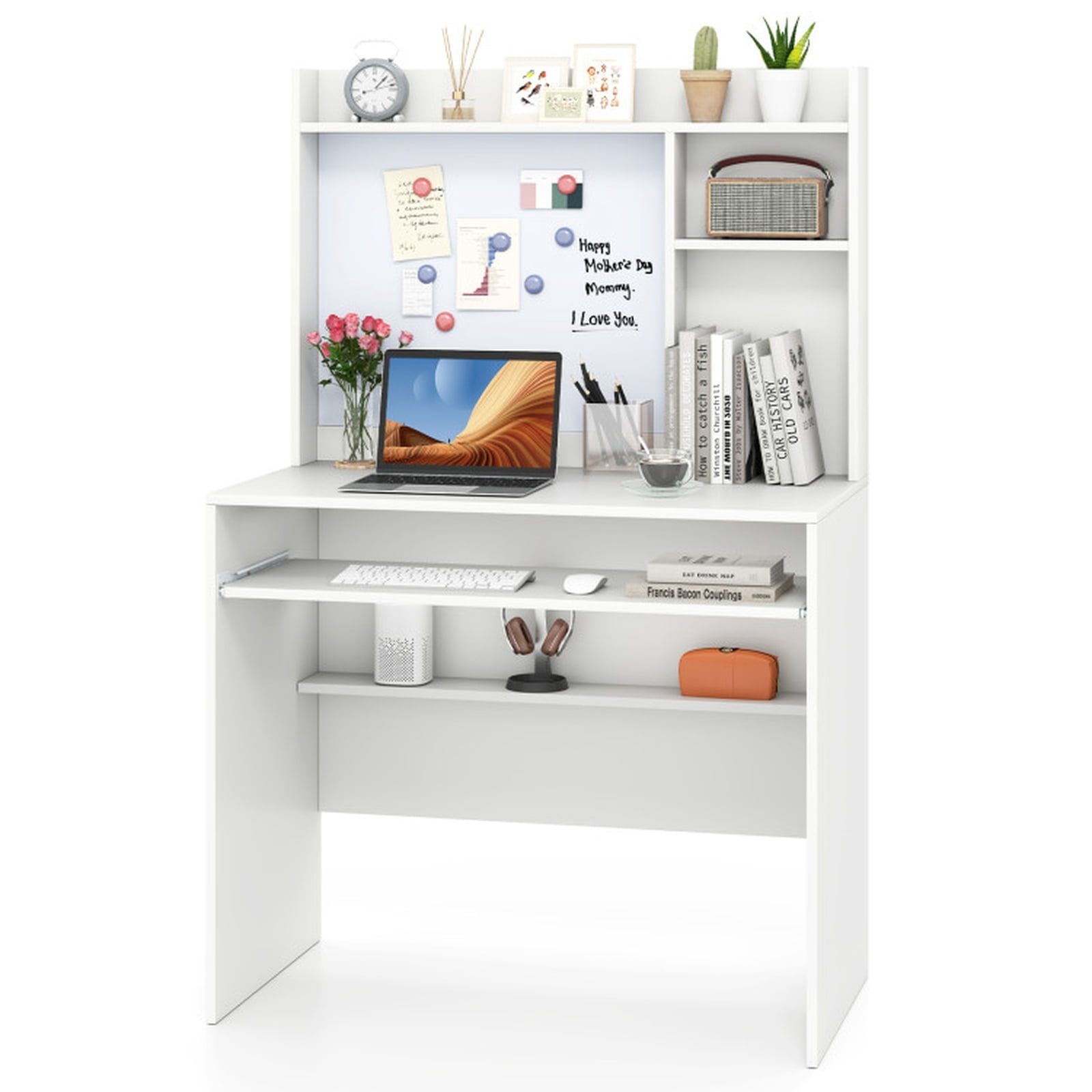 Furnibear Compact Computer Desk with Hutch Office Workstation with Magnetic Whiteboard Pull Out Keyboard Tray and Adjustable Shelf for Bedroom, White