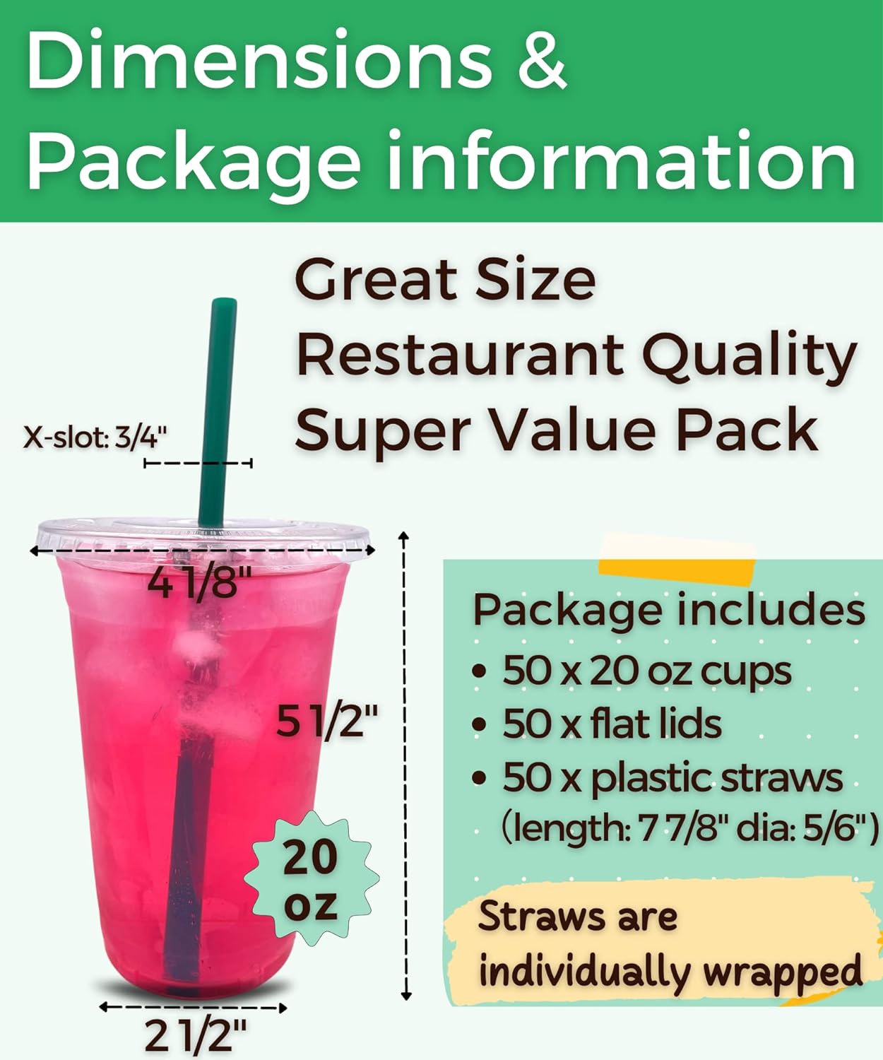 JJEAN-[50 Sets] 20 oz Clear Plastic Cups with Lids and Straws, Disposable Party Cups for Cold Drinks, Iced Coffee, Iced Tea, Smoothies