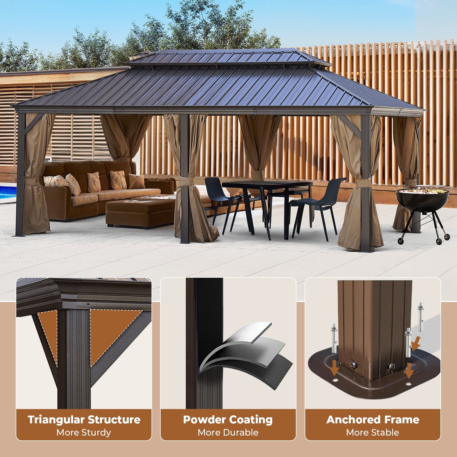 MEWANG 12'x 20'Outdoor Hardtop Gazebo, Double Roof Metal Canopy Gazebo with Aluminum Frame,Backyard Gazebo with Curtains and Nettings for Patios, Gardens, Parties.