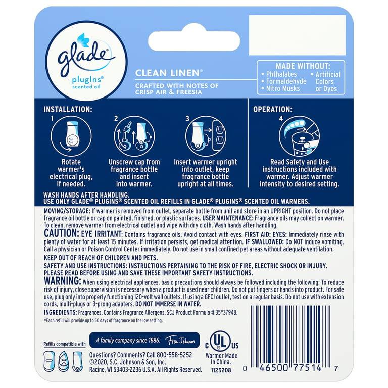 Glade PlugIns Air Freshener Starter Kit, Scented and Essential Oils for  Home and Bathroom, Clean Linen, 2 Warmers and 6 Refills : : Health  & Personal Care