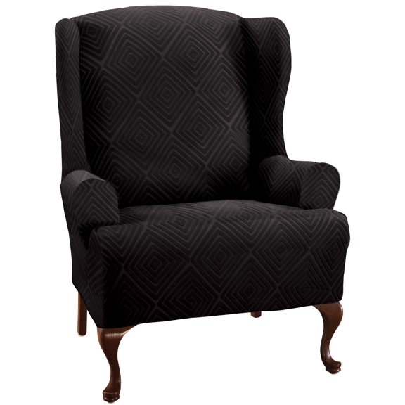 Stretch Sensations 1-Piece Stretch Shapely Diamond Wing Chair Slipcover, Black