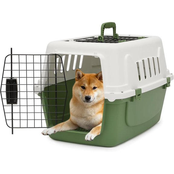 HOWEN 22" Hard-Sided Travel Pet Carrier for Small Dogs and Cats, Plastic Dog Crate with 2-Door Top & Front Load, Ventilation, Security Lock, Cat Dog Carrier for Pet, up to 22lbs, Green