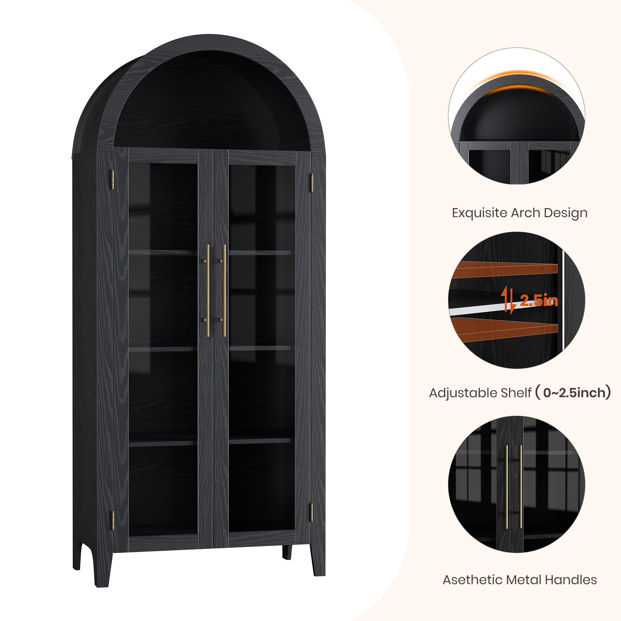 Soonbuy 5 Tier Arched Kitchen Pantry Storage Cabinet, Farmhouse Display Shelf with Adjustable Shelf and 2 Large Glass Doors, Versatile Cupboard for Kitchen, Dinning Room, Living Room
