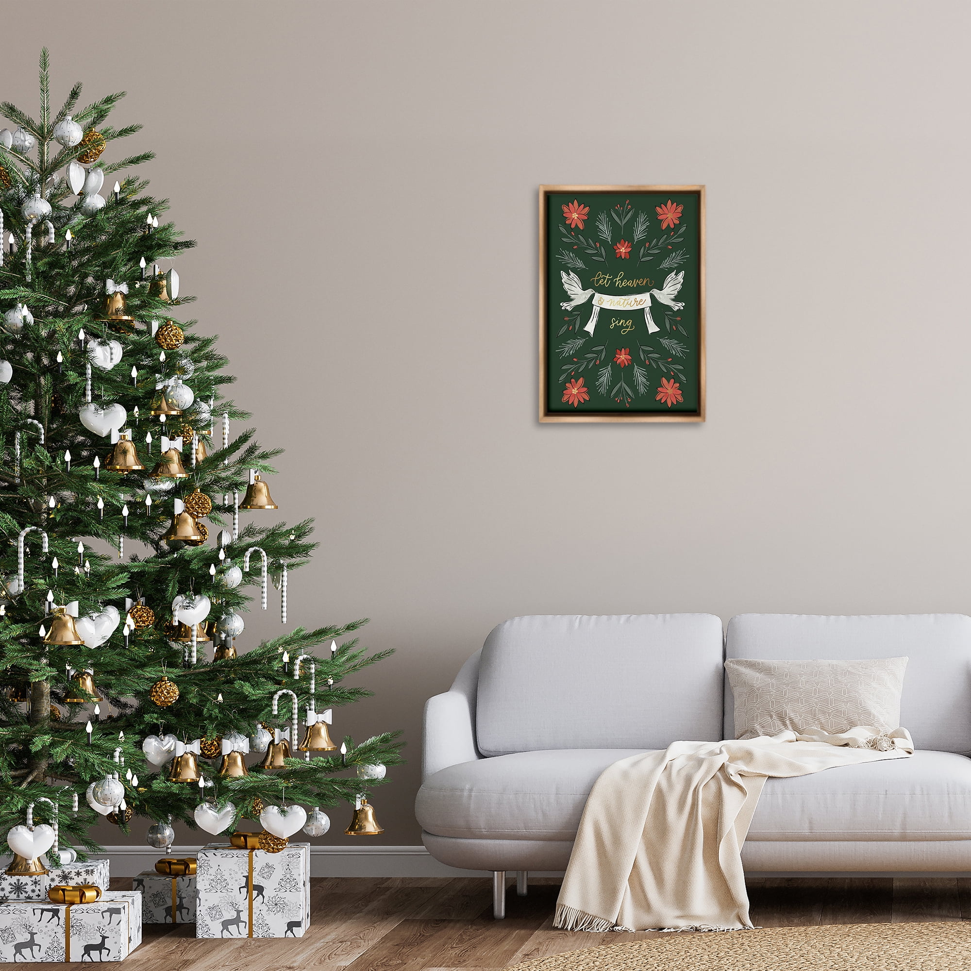 Stupell Industries Xmas Let Heaven Sing Holiday Painting Brown Floater Framed Canvas Art Prints Wall Art, 17 x 25