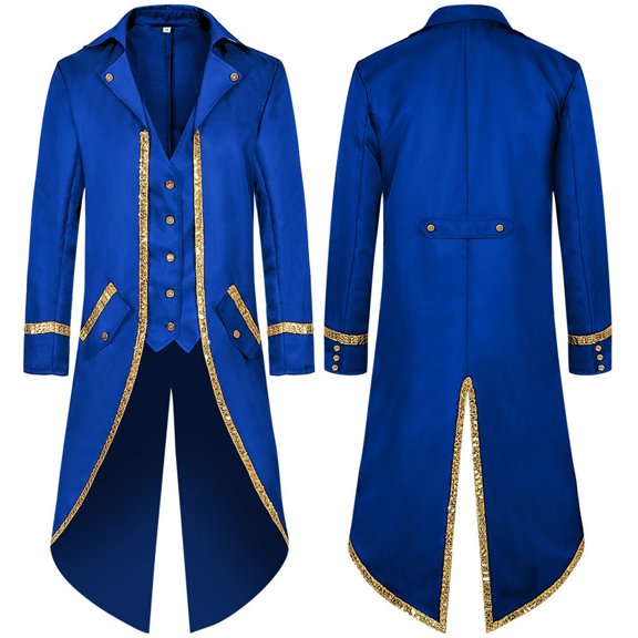 Men's Gold-Trim Tailcoat Jacket, Button Front Slim Fit Coat, Stage Performance Formal Wear