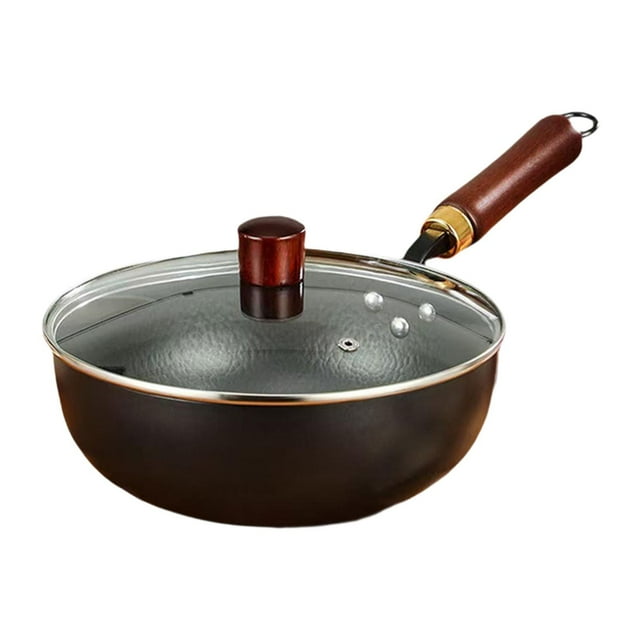 Wok antiadherente Wok chino con gancho para colgar Mango de madera Sartén para saltear Fondo plano sin tapa