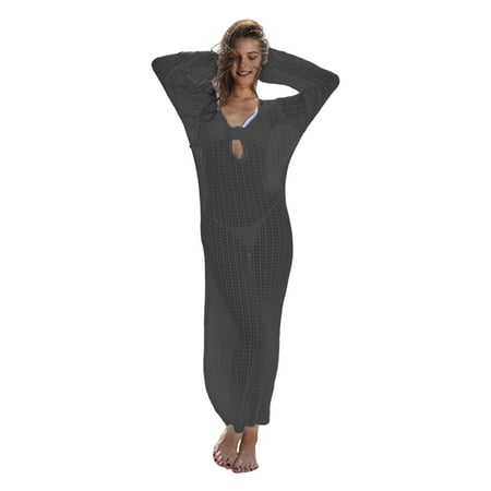 Kitem Women Beach Dress Hollow Out Knitted Backless Lace-up Straps V Neck Loose Smock Cover-up Long Sleeve Sun Protection Lady Bikini Swimsuit Beachwear (Black M)