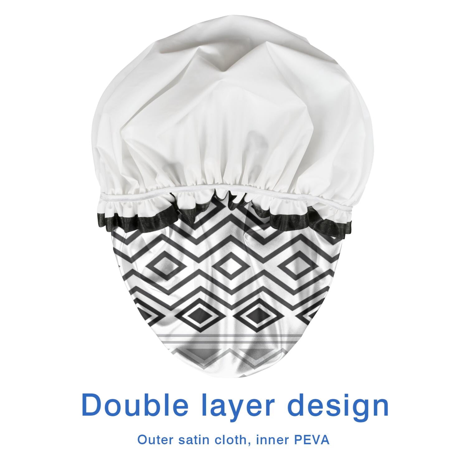 Shower Caps,Boho Black and White Geometric Ethnic Pattern Waterproof Shower Cap for Women 4 Pieces,Double Reusable Hair Cover for Shower PEVA Elastic Stretch Hem