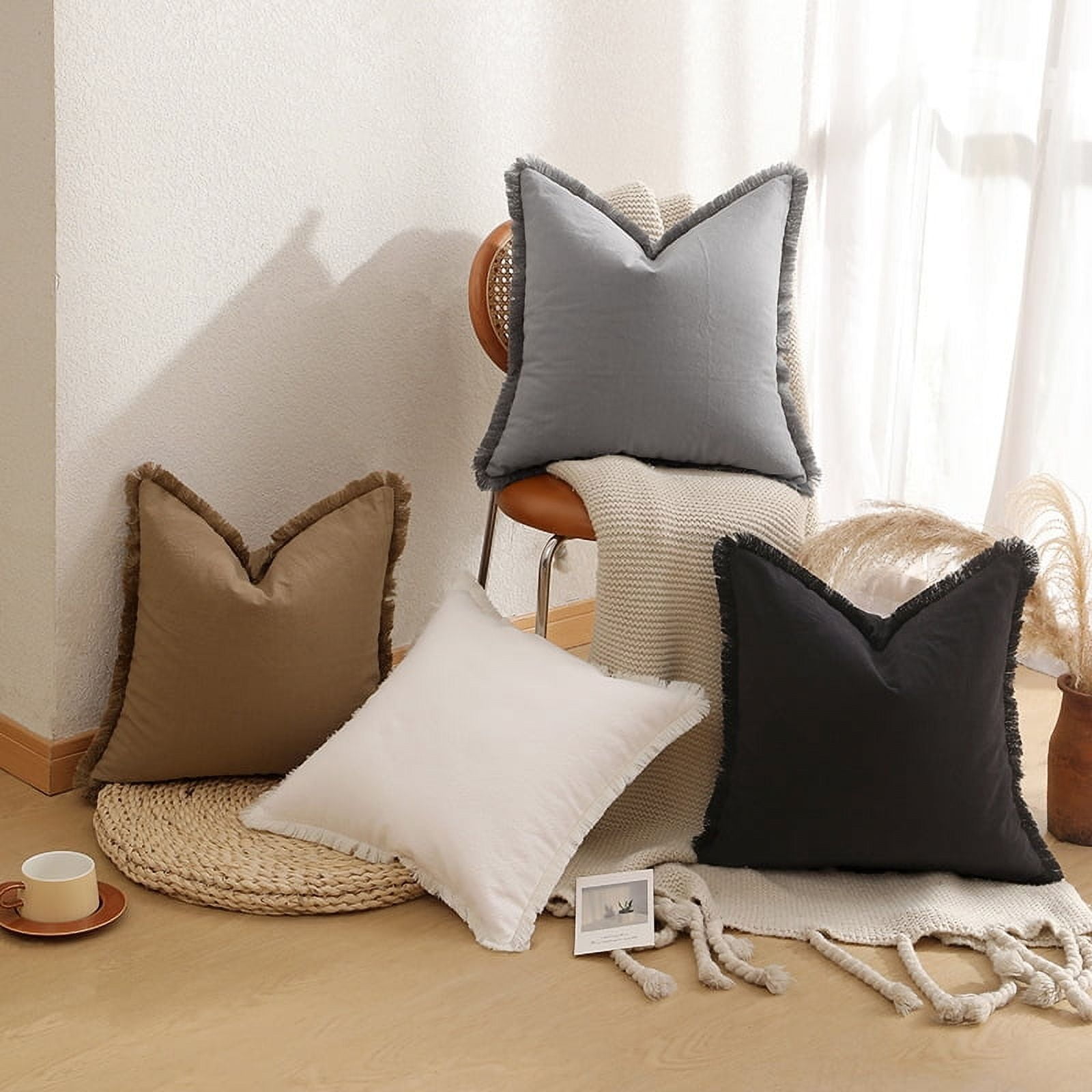 Firefly Hope 2-Pack 45*45cm Boho Farmhouse Linen Fringe Throw Pillows, Washed Cotton Tasseled Soft Accent Cushions for Couch & Bed, Black