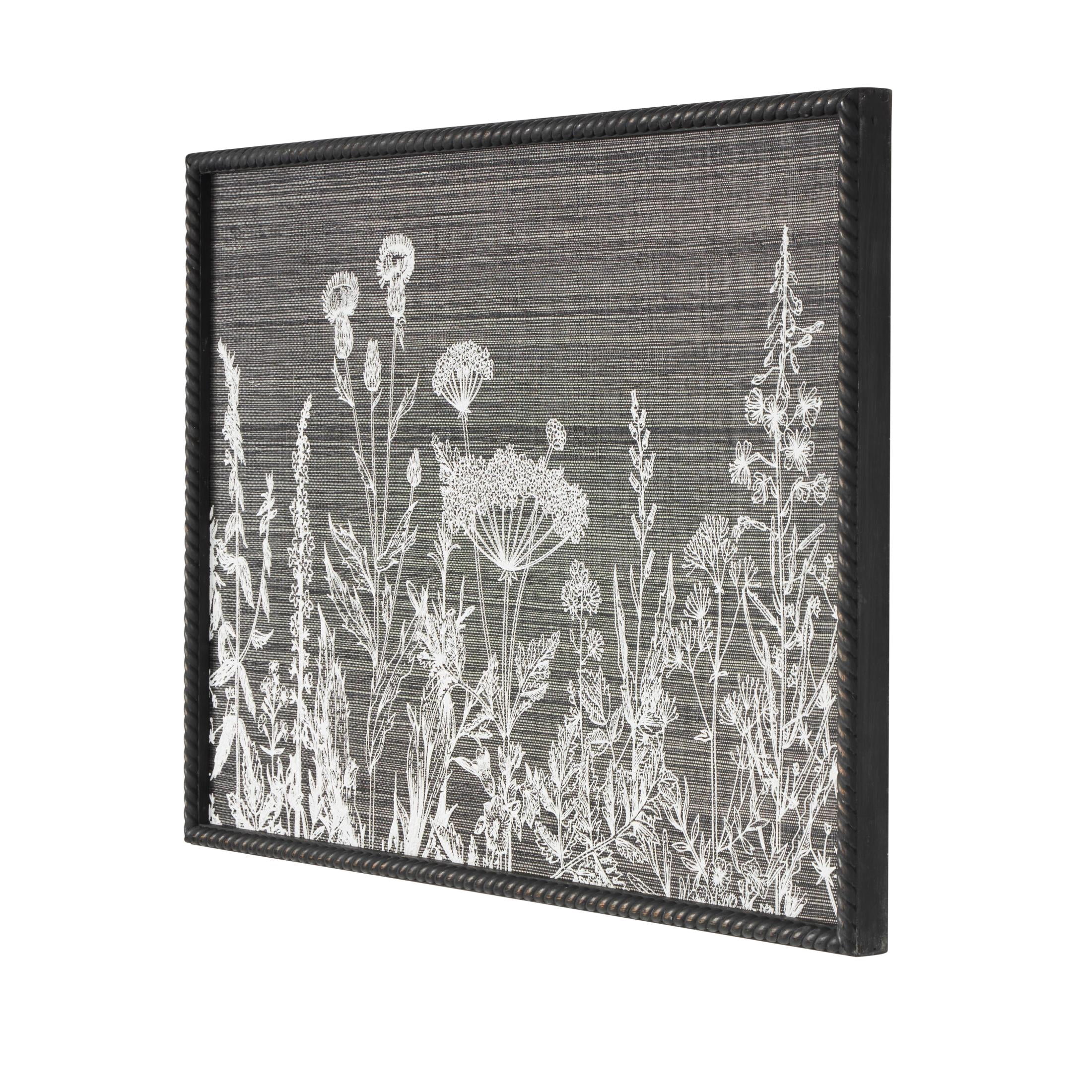 36" x 25" Relief Floral Framed Wall Art with Gray Textured Backing and Black Twisted Frame, by DecMode