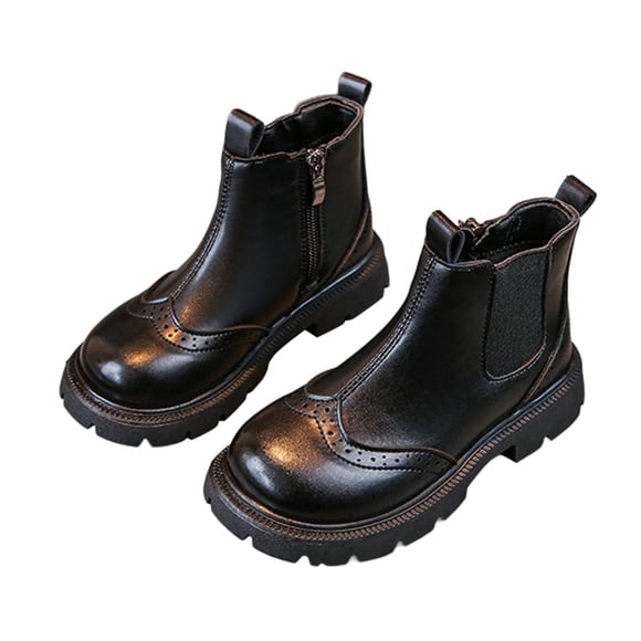 QHFBli Boys Girls High Top Combat Ankle Boots Lace Up Non Slip Side Zipper PU Leather Waterproof Snow Outdoor Hiking Shoes Black 11.5-12 Years